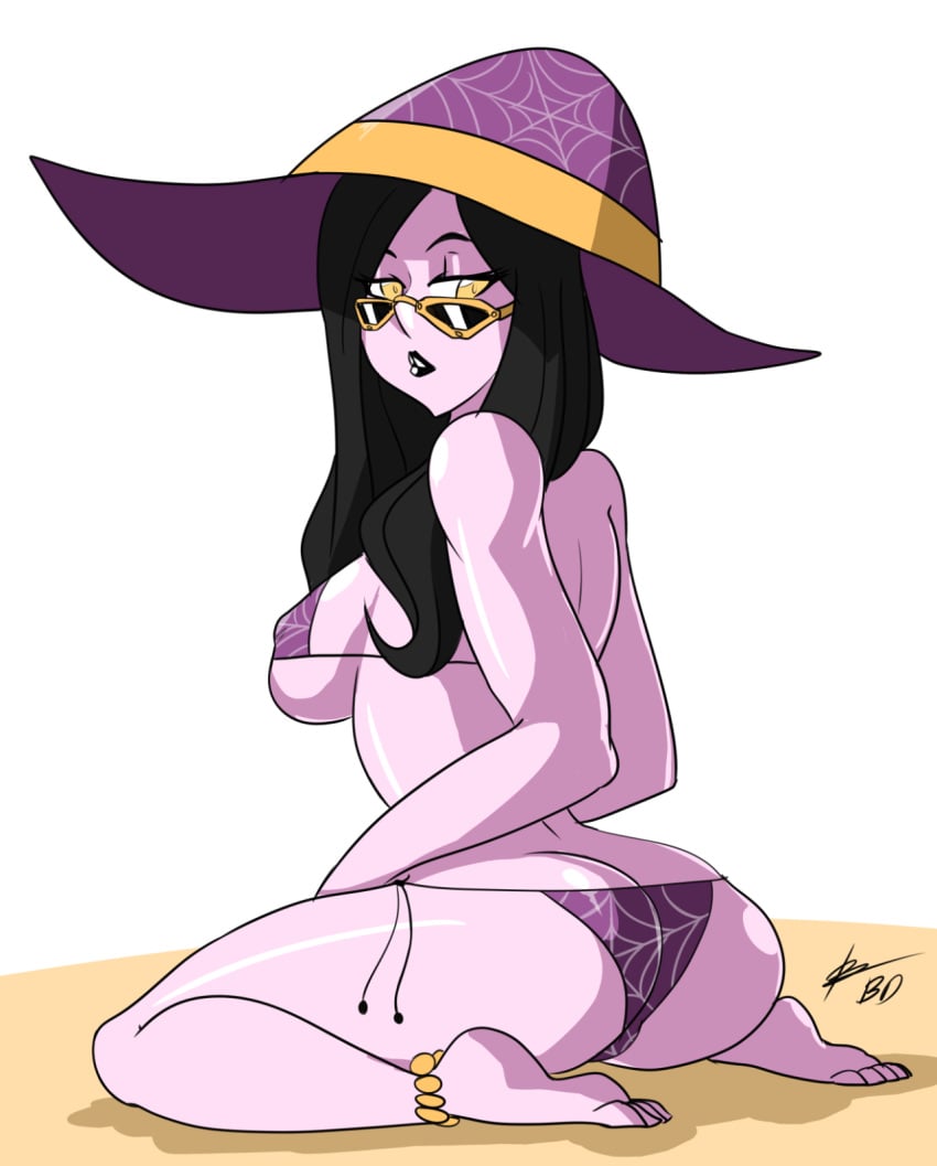 anklet ass barefoot bigdeadalive bikini black_hair breasts covered_nipples female hair hat headgear highres killer_instinct long_hair looking_back pink_skin sadira_(killer_instinct) side-tie_bikini sideboob solo spider_web_print swimsuit underboob wariza witch_hat yellow_eyes