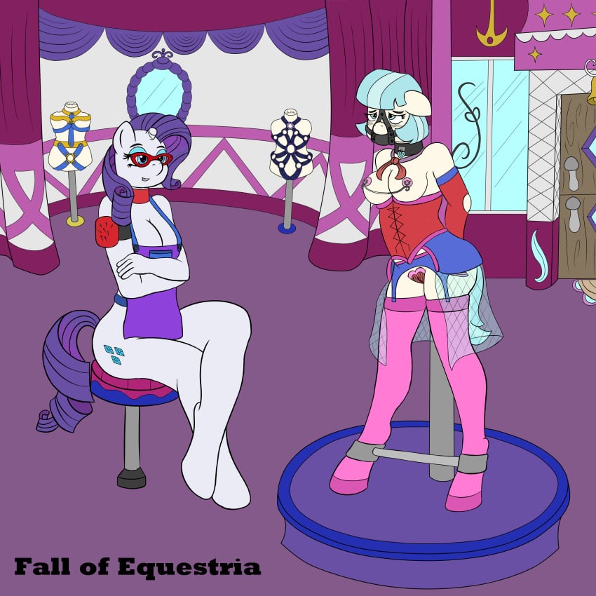 2016 absurd_res anthro anthrofied apron areola ask-scylla blush bondage bound breasts broken_horn cleavage clothed clothing coco_pommel cutie_mark elbow_gloves equine eyewear fall_of_equestria female forgey friendship_is_magic gag glasses gloves hi_res horn horse legwear line_art mammal my_little_pony nipple_piercing nipples piercing pony pussy rarity_(mlp) scylla_the_kelpie sitting spreader_bar straight_hair thighhighs unicorn