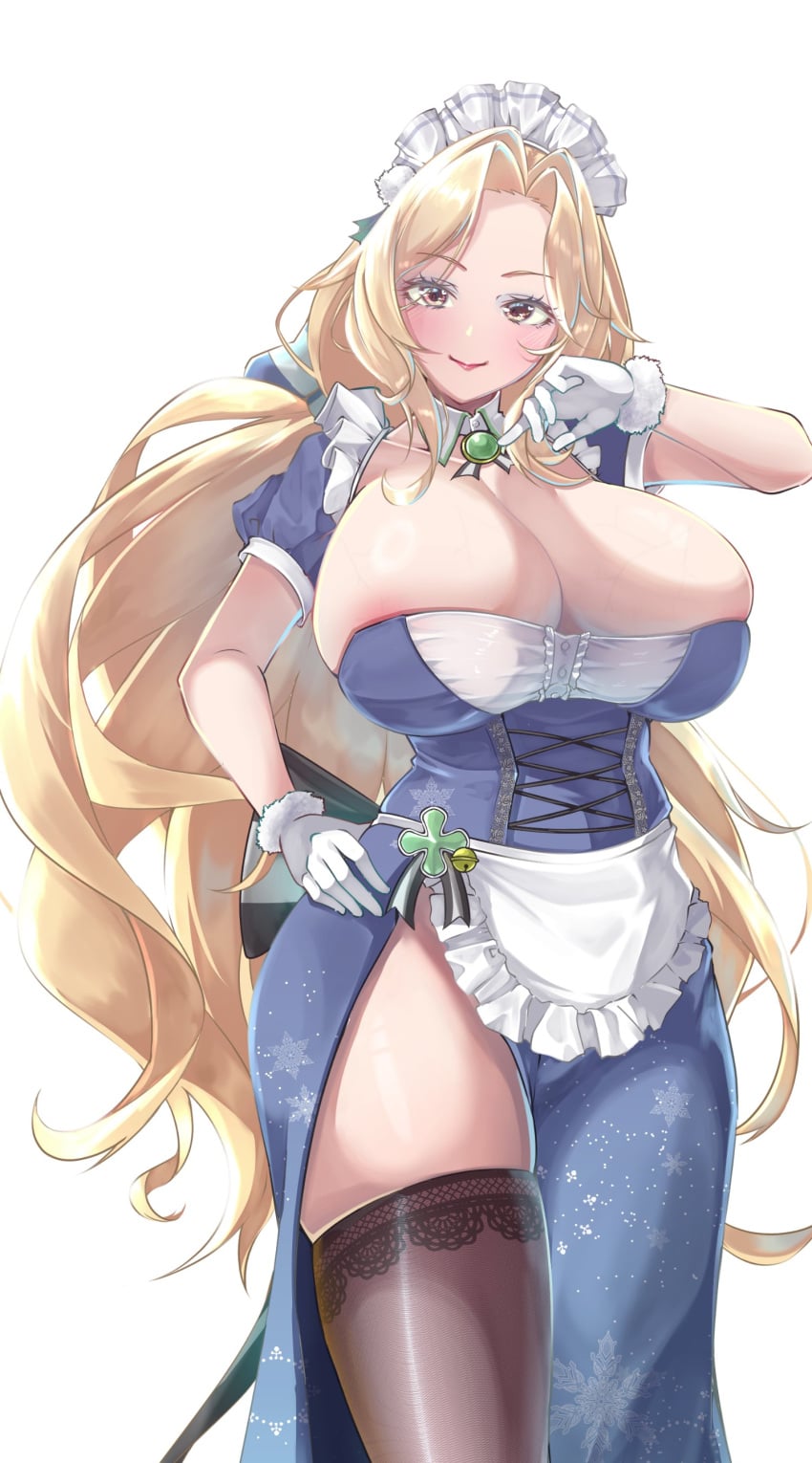 areola_slip blonde_hair blush cleavage_cutout corset curvy hair_intakes heart_eyes huge_breasts lips long_hair looking_at_viewer maid maid_headdress maid_uniform mature_female plump smile thick_thighs voluptuous wavy_hair wide_hips