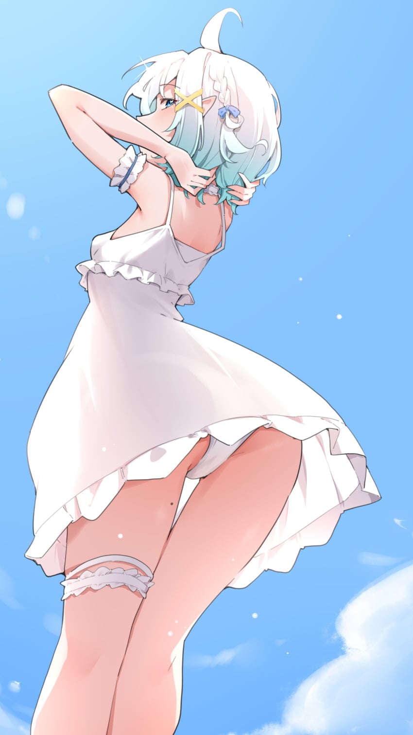 1girl 1girls absurdres airenif ass back bikini blue_eyes blue_sky butt commentary densetsu.exe dress female frilled_thigh_strap from_behind gradient_hair green_hair hair_ornament highres legs looking_back mint_fantome mole mole_on_ass mole_on_thigh multicolored_hair sky smile solo standing sundress swimsuit thigh_strap thighs upskirt virtual_youtuber vtuber white_bikini white_dress white_hair x_hair_ornament