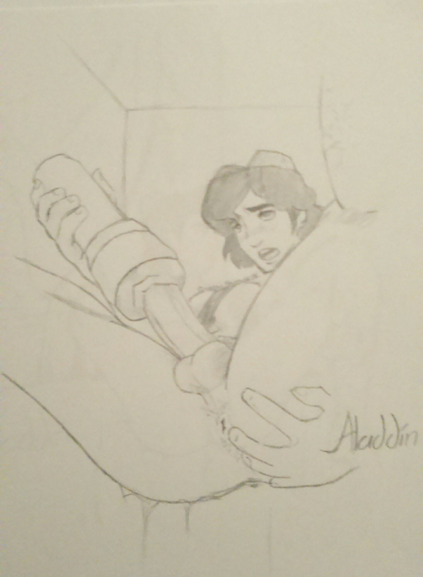 1boy aladdin aladdin_(character) artificial_vagina bara disney hairy looking_at_viewer male male_only masturbation monochrome muscles penis queen_shyniece rough_sketch sex_toy sketch solo spread_anus testicles traditional_media twink