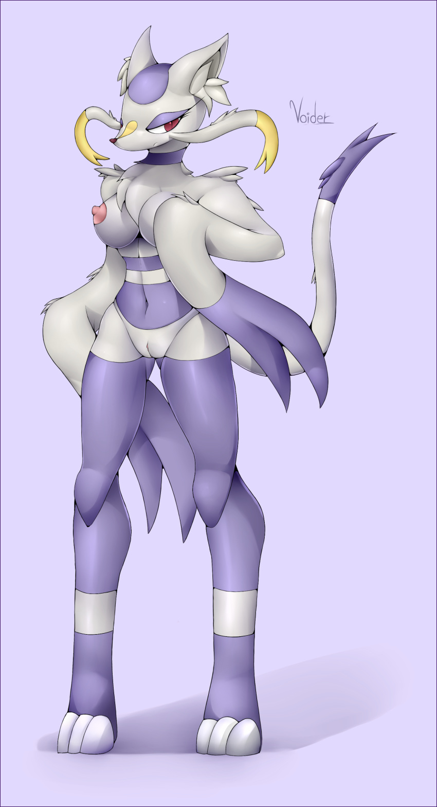 2016 anthro breasts female fur furry furry_only mammal mienshao naked nintendo nipples nude pokémon_(species) pokemon pussy red_eyes signature solo tail video_games voider_(artist)