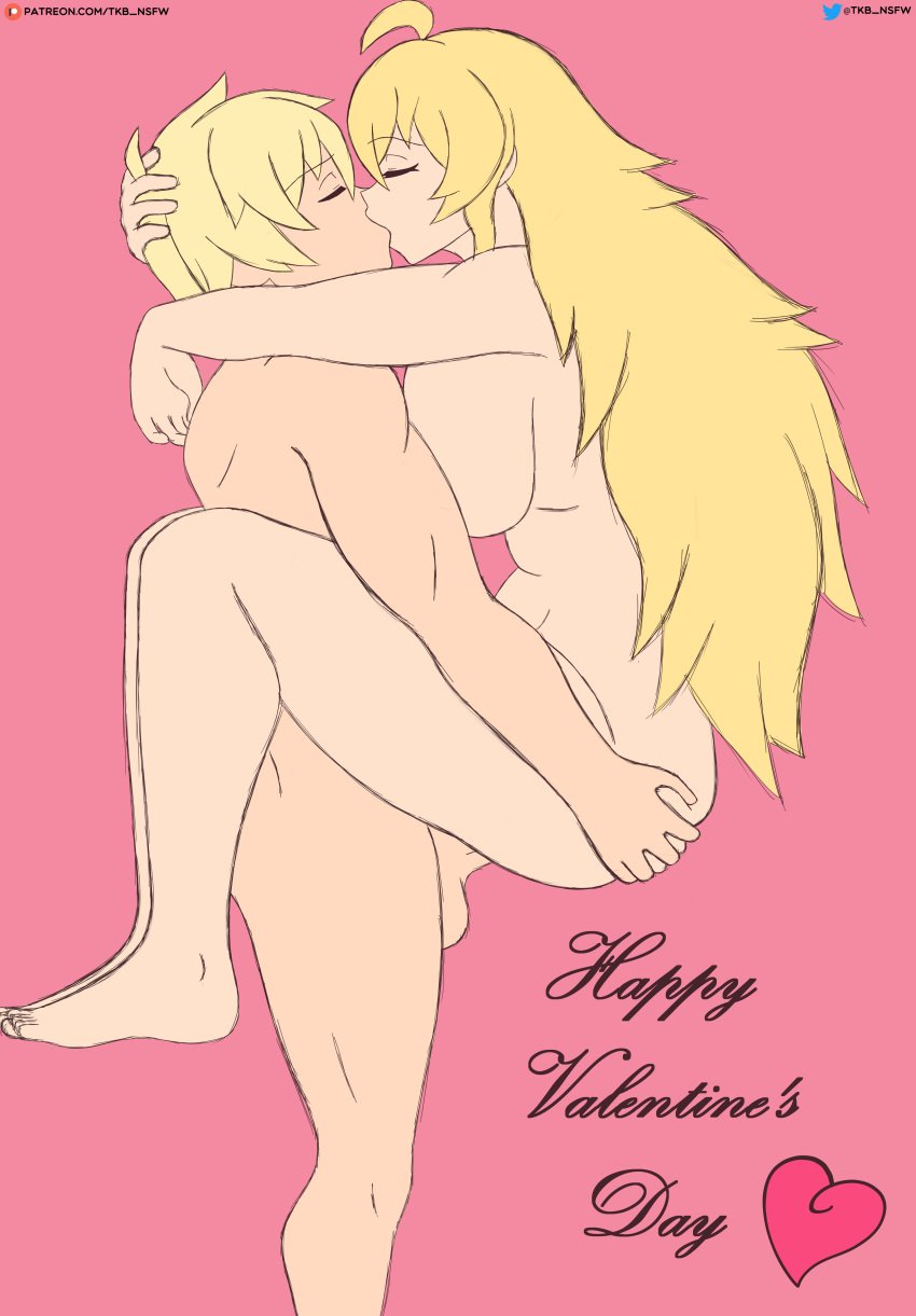 1boy 1girls ass_grab big_breasts blonde_hair breast_press_on_chest completely_nude female holding_partner hug human jaune_arc kissing lifting_person long_hair making_out male naked penetration rwby sex short_hair stand_and_carry_position standing straight tkb_nsfw valentine's_day yang_xiao_long