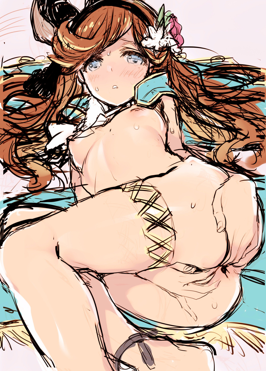 absurdres anus blue_eyes breasts flower granblue_fantasy hair_flower hair_ornament highres lying nipples orange_hair sara_(granblue_fantasy) spread_anus tatami_to_hinoki thigh_strap