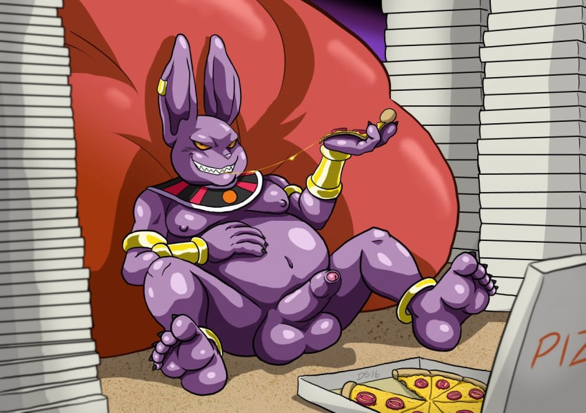 anthro balls barefoot boner champa dragon_ball eating erection feline food grin humanoid_penis looking_at_viewer male male_only mammal moobs navel nipples nude overweight partially_retracted_foreskin penis pizza reclining sharp_teeth solo spread_legs spreading teeth thedirtyshark uncut