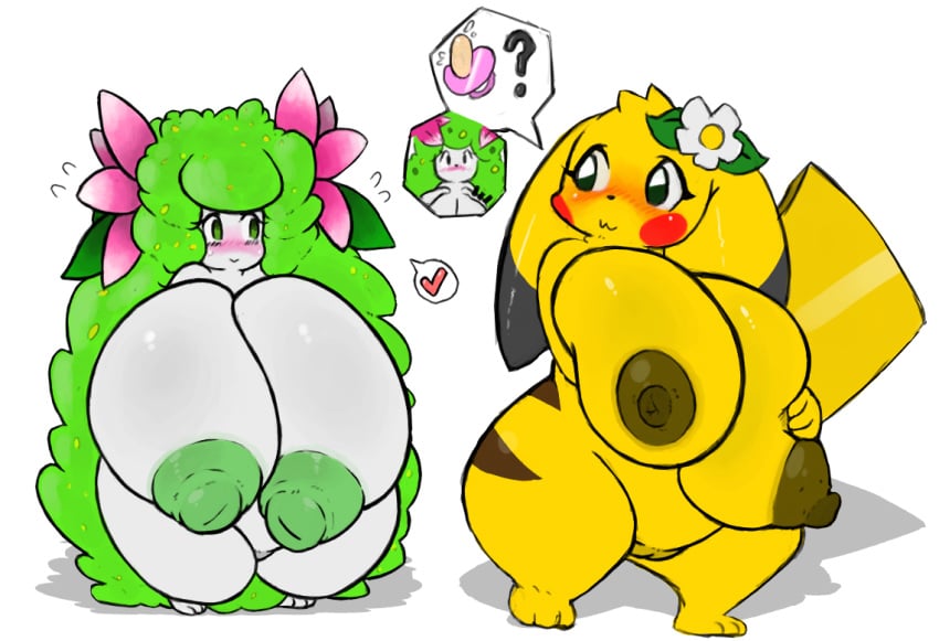 anthro big_breasts blush breasts female hand_on_breast heart huge_breasts legendary_pokemon mature_female nintendo nude pikachu pokémon_(species) pokemon pokemon_(species) pokemorph pussy roy_mccloud shaymin shortstack video_games