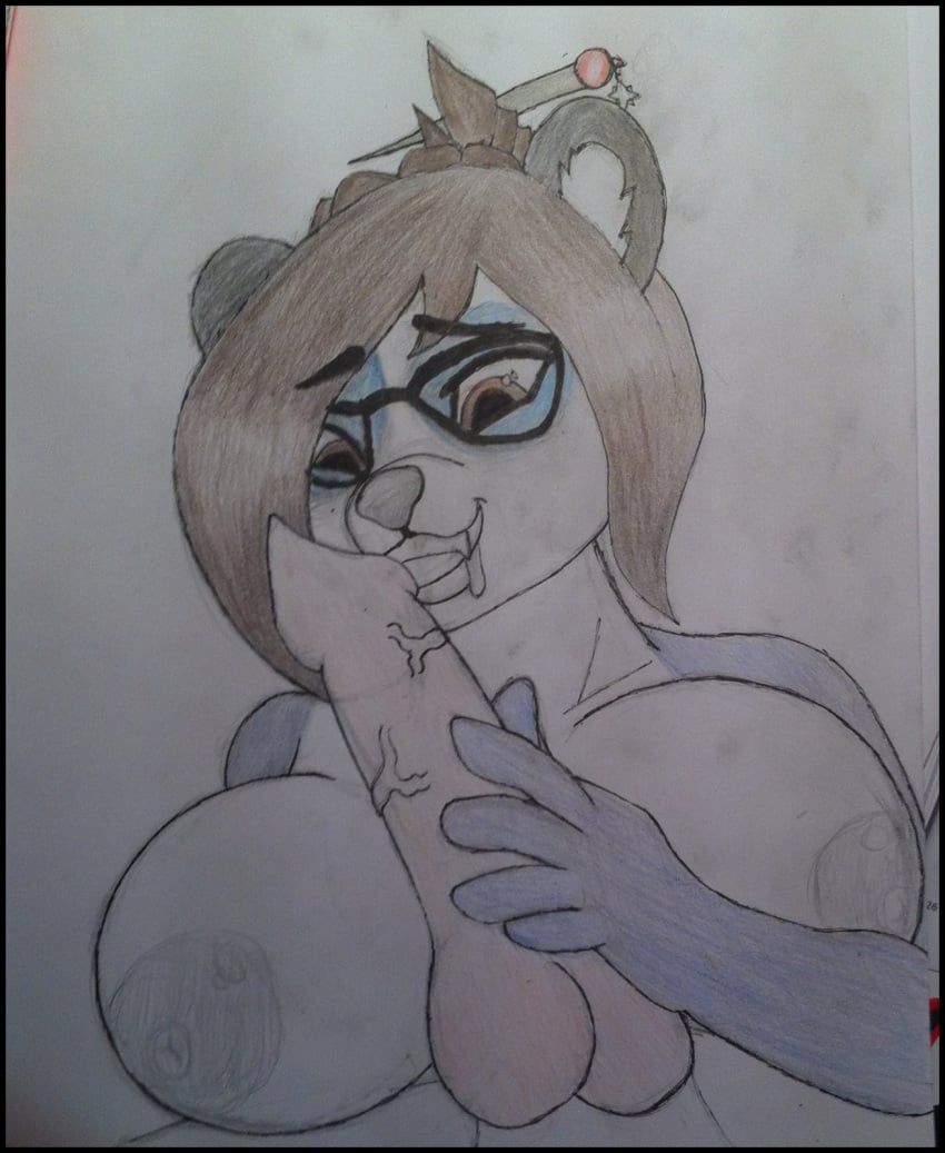 1boy 1girls anthro artist_request bear blizzard_entertainment brown_hair cosplay furry glasses hair hair_bun mammal mei_(overwatch)_(cosplay) original_character overwatch panda penis traditional_media_(artwork) video_games