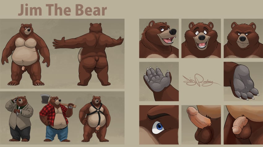 2016 4_toes 5_fingers anthro axe balls bear belly belt big_belly black_nose blue_eyes brown_fur cellphone claws clothed clothing dj-rodney erection flaccid fur grizzly_bear grumpy hand_on_hip harness humanoid_penis jeans jim_the_bear lumberjack male male_focus male_only mammal melee_weapon model_sheet multicolored_fur navel necktie nude open_clothes open_shirt overweight overweight_male pants penis phone plantigrade shirt short_tail signature simple_background smile solo standing suit tan_background tan_fur teeth toe_claws toes two_tone_fur vein veiny_penis watch weapon