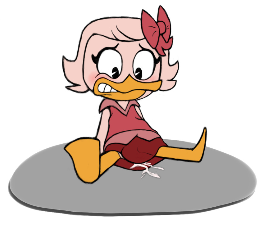 anthro avian bird blush blushing bow clothing cum cum_inside disney dress duck ducktales ducktales_(2017) eyelashes female female_only simple_background sitting skirt solo teeth unknown_artist webby_vanderquack white_background young