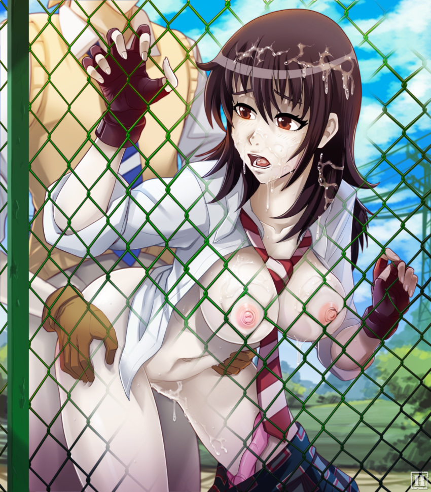 1boy 1girls against_fence between_breasts black_hair breasts breasts_against_fence brown_eyes bush chainlink_fence clothed_sex clothing cloud coppelion couple cum cum_in_mouth cum_inside cum_on_body cum_on_breasts cum_on_hair cum_on_lower_body cum_on_upper_body cumdrip doggy_style facial female fence fingerless_gloves from_behind gloves highres hmage kurosawa_haruto long_hair male naruse_ibara navel necktie necktie_between_breasts nipples open_clothes open_mouth open_shirt outdoors overflow pale_skin panties panties_around_one_leg penetration pink_panties plaid plaid_skirt plant sex shirt skirt skirt_around_one_leg sky sleeves_rolled_up spread_legs striped striped_necktie sweater transmission_tower underwear vaginal_penetration watermark white_shirt