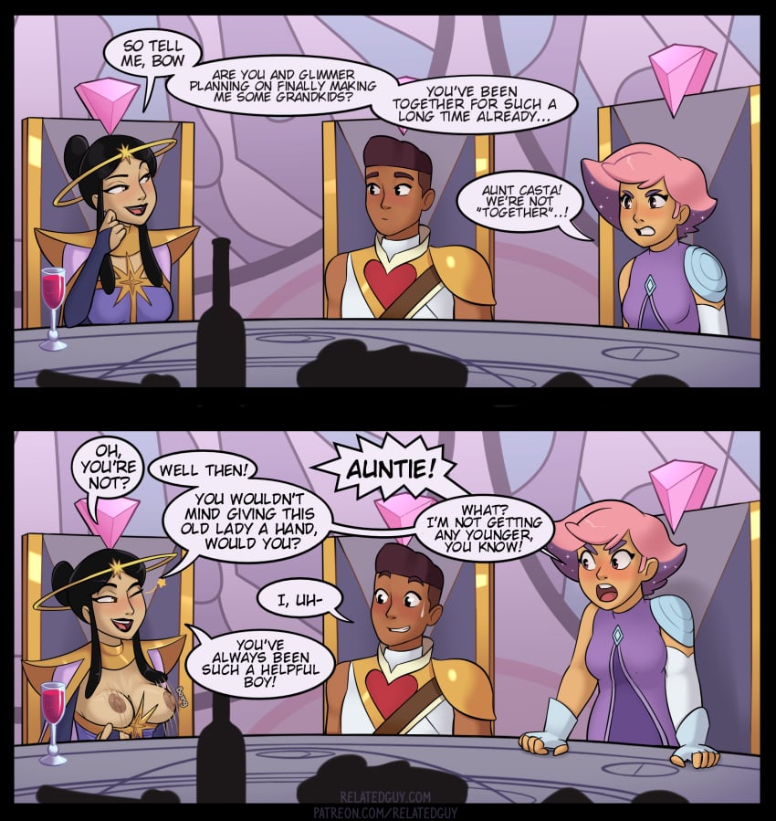 1boy 2girls bow_(she-ra) castaspella dark-skinned_male dark_skin detailed_background english english_dialogue english_text female glimmer_(she-ra) headdress male relatedguy she-ra_and_the_princesses_of_power speech_bubble tan_skin