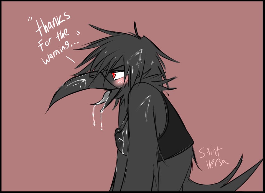 anthro avian beak bird blush breasts corvid crow cum female saintversa simple_background solo