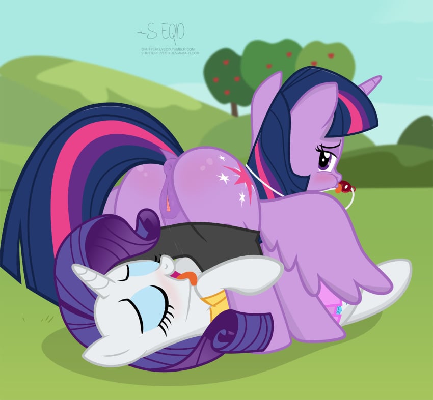 2017 alicorn anus apple ass blush clitoral_winking clitoris cutie_mark duo equine feathered_wings feathers female feral food friendship_is_magic fruit grass hair horn looking_back mammal multicolored_hair my_little_pony outside purple_feathers purple_hair pussy rarity_(mlp) shutterflyeqd sky tongue tongue_out twilight_sparkle_(mlp) unicorn whistle wings