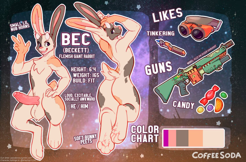 2019 4_toes absurd_res ass balls beckett_(shayhop) coffeesoda domestic_rabbit english_text flemish_giant fur genitals hi_res lagomorph leporid long_ears male mammal model_sheet multicolored_body multicolored_fur nude oryctolagus pencilbrony penis pink_body pink_nose pink_penis pink_skin rabbit signature solo spots spotted_body spotted_fur tan_balls text toes