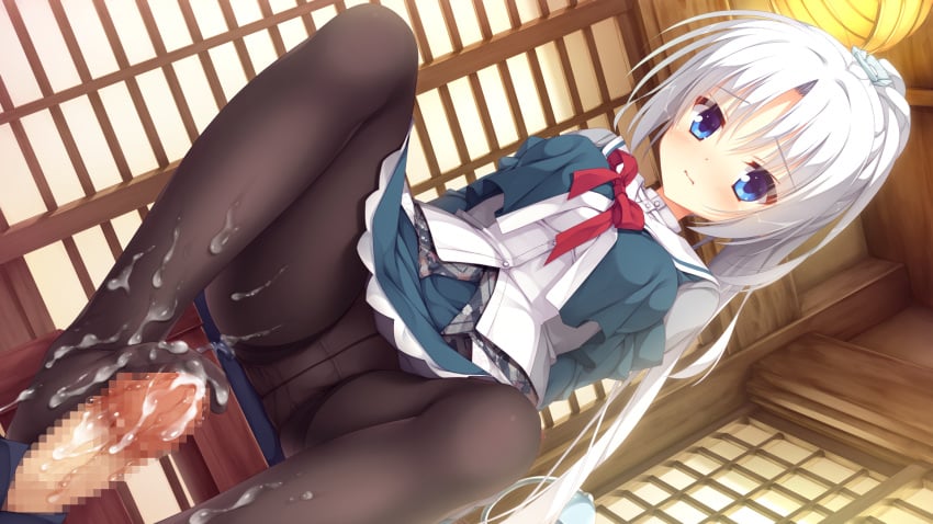 black_pantyhose blue_eyes censored cum cum_on_feet feet foot_fetish footjob game_cg kobuichi panties pantyhose penis seifuku senren_banka soles toes tomotake_yoshino white_hair yuzu-soft