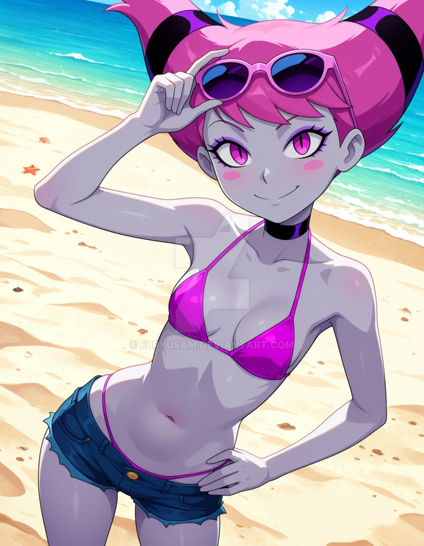2025 ai_generated beach_background belly bikini_under_shorts black_dot_eyes cartoon_network closed_mouth dc_comics dcau deviantart elryusam grey_body grey_skin grinning_at_viewer hand_on_hip hand_on_sunglasses jinx_(dc) jinx_(teen_titans) looking_at_viewer meta mouth_closed pink_cheeks pink_eyebrows pink_eyes_female pink_hair_female pink_sunglasses purple_bikini purple_hairband purple_necklace short_jeans smile_at_viewer smiling_at_viewer sunglasses_on_head teen_titans tummy