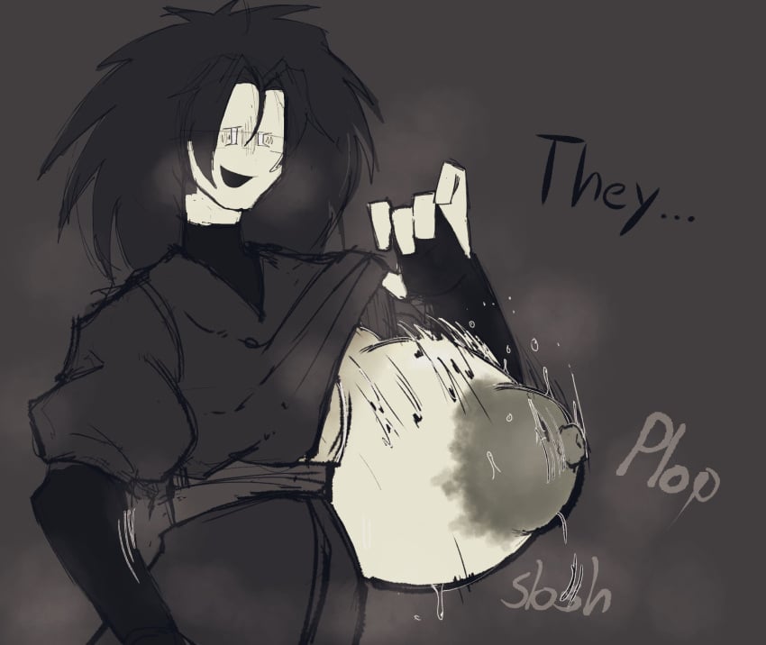 ambiguous_gender areolae big_breasts black_hair breasts breasts_out closed_eyes clothed dripping english_text female forsaken_(roblox) hair huge_breasts large_breasts messy messy_hair musk nipples one_breast_out onomatopoeia roblox roblox_game robloxian sweat tagme text two_time u_nkno3ngrounds white_skin