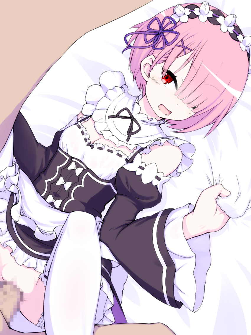 apron bangs black_dress blush breasts censored cleavage clothed_sex clothing commentary_request detached_sleeves dress female frills hair_ornament hair_over_one_eye hair_ribbon highres lying maid maid_headdress male mosaic_censoring no_panties on_back open_mouth penetration penis pink_hair pussy ram_(re:zero) re:zero_kara_hajimeru_isekai_seikatsu red_eyes ribbon sex short_hair skirt skirt_lift solo_focus spread_legs straight takeda_yukimura tears thighhighs vaginal_penetration white_legwear x_hair_ornament