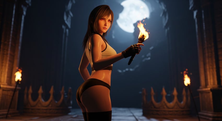 2025 3d ass black_hair dungeon final_fantasy final_fantasy_vii final_fantasy_vii_remake fit fit_female high_resolution highres hips leshay7 panties perfect_body red_eyes sfw short_hair stockings sweat sweating thick_ass thick_thighs thighhighs thighs tifa_lockhart topwear torch wet_clothes wet_skin