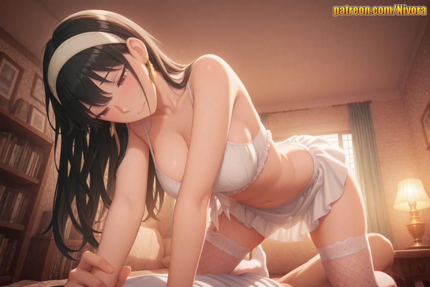 1boy 1girl ai_generated all_fours bare_arms bare_shoulders bed bedroom black_hair blush book bookshelf bra breasts cleavage closed_mouth collarbone crop_top curtains desk_lamp earrings fishnet_thighhighs fishnets girl_on_top gold_earrings hairband half-closed_eyes hetero indoors jewelry lamp large_breasts long_hair lying midriff miniskirt navel nivora on_bed pillow red_eyes see-through shirt skirt smile solo_focus spy_x_family stomach thighhighs thighs underwear underwear_only white_bra white_hairband white_shirt white_skirt white_thighhighs window yor_briar yor_forger
