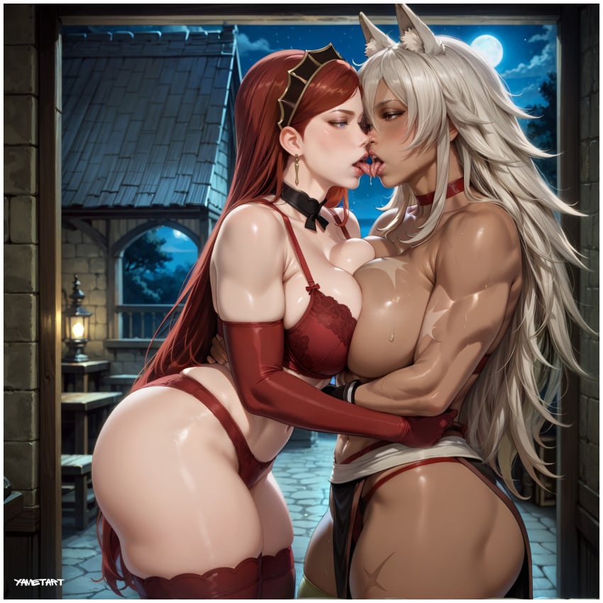 2girls adoptable ai ai_assisted ai_generated cat_ears dark-skinned_female dark_skin ecchi female ghislaine_dedoldia gray_hair high_quality high_resolution highres hilda_boreas_greyrat kissing lesbian_kiss lingerie milf mushoku_tensei mushoku_tensei:_isekai_ittara_honki_dasu red_hair toned voluptuous voluptuous_female yametastudio yuri