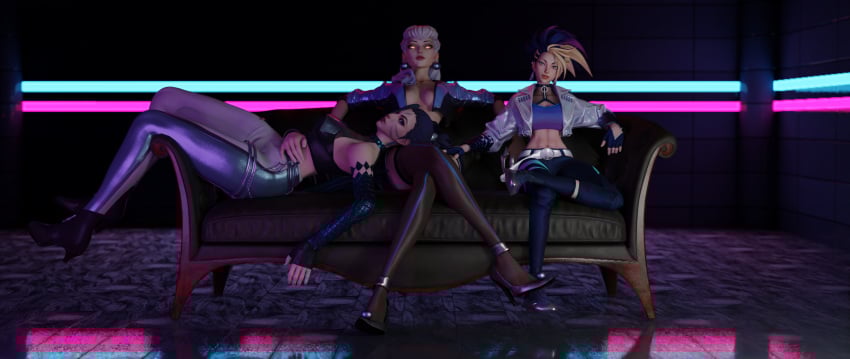 3d akali blender boob_window evelynn glowing_eyes k/da_all_out_akali k/da_all_out_evelynn k/da_all_out_kai'sa k/da_all_out_series kai'sa league_of_legends league_of_legends:_wild_rift looking_at_viewer low_light pinup smirk sofa