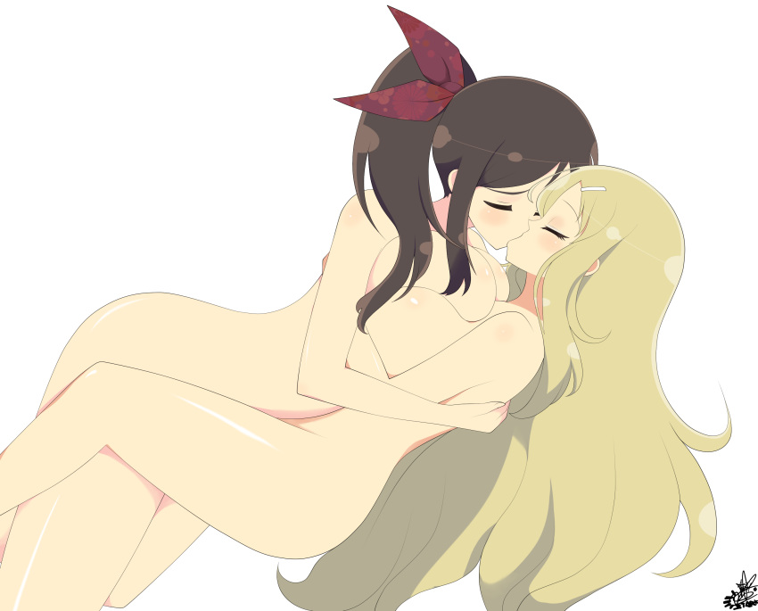 2girls accurate_art_style blonde_hair blush bow breasts brown_hair closed_eyes hair_ornament hairbow hairclip highres kissing large_breasts long_hair murakumo_(senran_kagura) nude ponytail rexy-stark senran_kagura senran_kagura_(series) senran_kagura_shinovi_versus shiki_(senran_kagura) sidelocks simple_background tied_hair very_long_hair white_background yuri