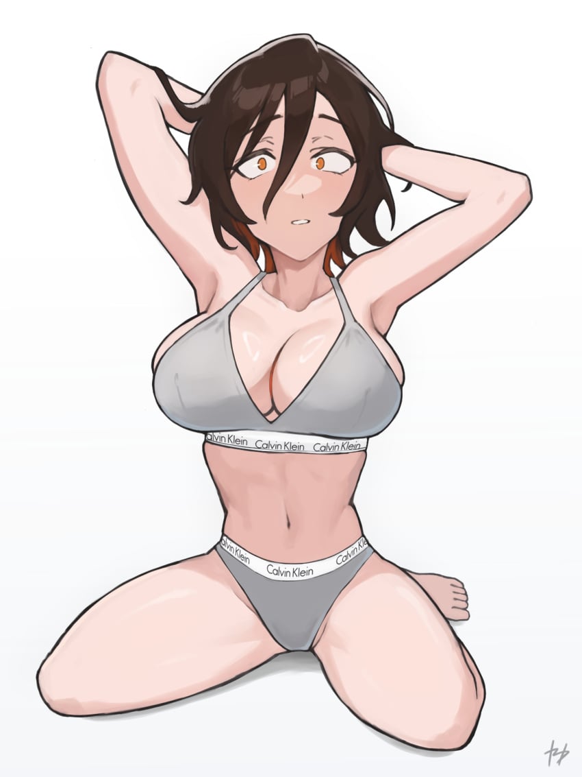 1girls armpit armpit_crease armpit_peek armpits arms_behind_head asai_akira bare_armpits bare_arms bare_belly bare_chest bare_hands bare_hips bare_knees bare_legs bare_midriff bare_navel bare_shoulders bare_skin bare_thighs bare_toes barefoot belly belly_button big_breasts black_hair black_hair_female bra breasts brown_eyes brown_eyes_female busty busty_female busty_girl busty_teen call_of_the_night calvin_klein cleavage collarbone elbows exposed_armpits exposed_arms exposed_belly exposed_chest exposed_hips exposed_legs exposed_midriff exposed_navel exposed_shoulders exposed_skin exposed_thighs exposed_toes feet female female_focus female_only fukuya_art full_body grey_bra grey_panties grey_underwear groin hair_between_eyes hairless_armpits hand_behind_head hands_behind_head high_resolution high_school_student highres knees large_breasts lean_figure legs looking_at_viewer medium_hair midriff narrow_waist navel panties plump_breasts school_girl shaved_armpits shoulders simple_background sitting sitting_on_floor sitting_on_ground sitting_on_knees slender_body slender_waist slim_waist solo teen_girl teenage_girl teenage_tits teenager thighs toes underwear underwear_only white_background yofukashi_no_uta young_female young_woman
