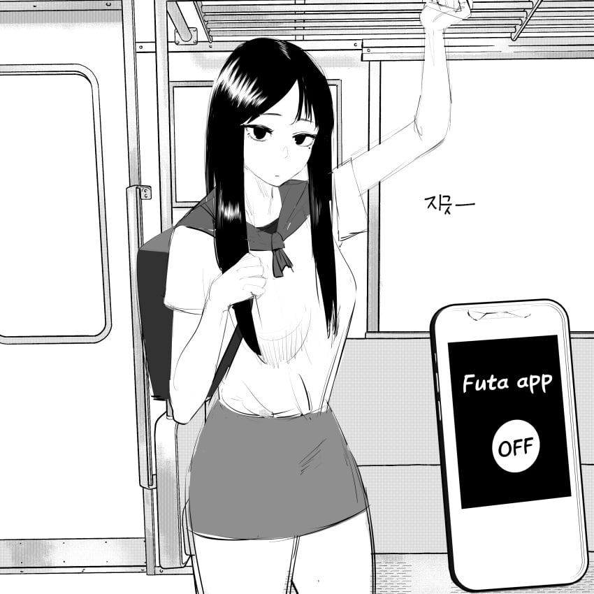 1:1 1girls female female_only female_to_futa hi_res imminent_transformation megahertz monochrome phone public public_transportation school_uniform skirt smartphone solo standing student train train_interior transformation