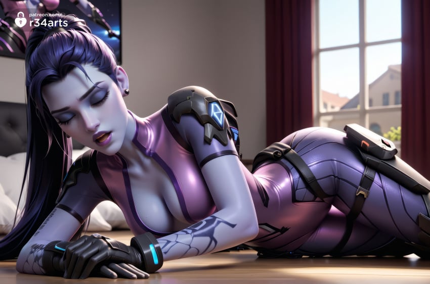 1girls ai_generated artist_name bed black_gloves blizzard_entertainment bodysuit breasts center_opening cleavage closed_eyes colored_skin earrings gloves gun hair_pulled_back head-mounted_display hi_res holster indoors jewelry lips long_hair lying makeup medium_breasts on_bed on_side overwatch overwatch_2 parted_lips pink_bodysuit ponytail purple_hair purple_lips purple_skin r34arts skin_tight solo stud_earrings tattoo thigh_gap thigh_holster widowmaker widowmaker_(overwatch) window