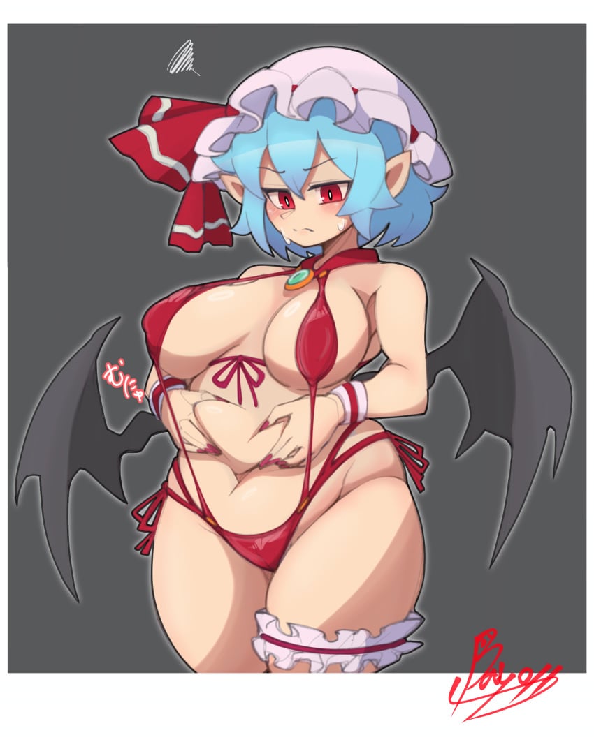 1girls bat_wings blue_hair blush chubby chubby_female doctor5648 female hat jewelry nail_polish plump pointy_ears red_eyes red_nails remilia_scarlet solo sweat thick_thighs thigh_strap touhou underwear vampire wings
