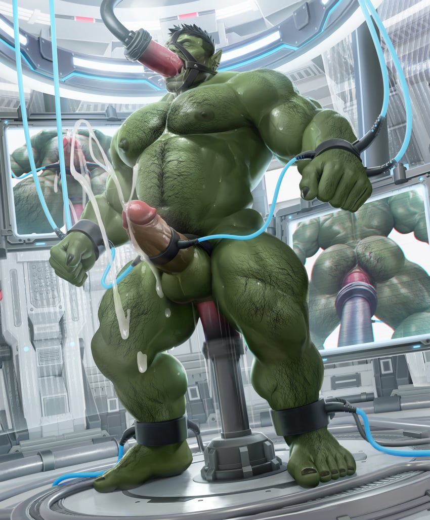 2022 anal anal_sex ankle_cuffs anus areola arm_hair back_muscles balls biceps black_claws black_hair black_nails black_toenails bodily_fluids body_hair cable claws colored_nails cuff_(restraint) cuffed_ankles cum cum_fountain dildo dildo_in_ass dildo_in_mouth dildo_insertion drooling ear_piercing ear_ring electronics facial_hair feet fellatio finger_claws five_o&#039;clock_shadow genital_fluids genitals green_areola green_balls green_body green_nipples green_skin hair handcuffed handcuffs happy_trail hi_res humanoid laboratory leg_hair low-angle_view male metal_cuffs monitor musclegut muscular muscular_humanoid muscular_male muscular_thighs nails navel nipples object_in_ass oral oral_penetration orc pecs penetration penile penis penis_cuff piercing rear_view restraints ring_piercing saliva sex sex_toy sex_toy_in_ass sex_toy_in_mouth sex_toy_insertion solo spitroast sweat takahirosi toenails toes tusks vein veiny_muscles veiny_penis worm&#039;s-eye_view
