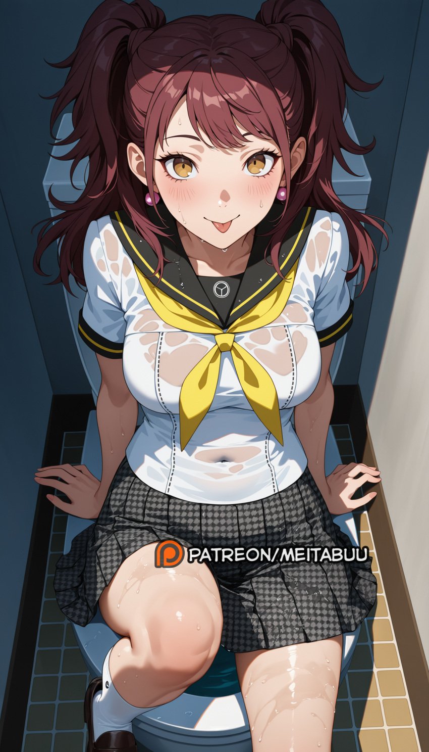 :p ai_generated atlus black_sailor_collar black_skirt blush bra bra_visible_through_clothes breasts brown_eyes brown_footwear brown_hair covered_navel earrings female houndstooth indoors jewelry kujikawa_rise loafers long_hair looking_at_viewer medium_breasts meitabuu neckerchief persona persona_4 pleated_skirt sailor_collar school_uniform see-through see-through_shirt serafuku shirt shoes short_sleeves sitting skirt smile socks solo thighs tile_floor tiles toilet toilet_stall tongue tongue_out twintails two_side_up underwear wet wet_clothes wet_shirt white_bra white_shirt white_socks yasogami_school_uniform yellow_eyes yellow_neckerchief