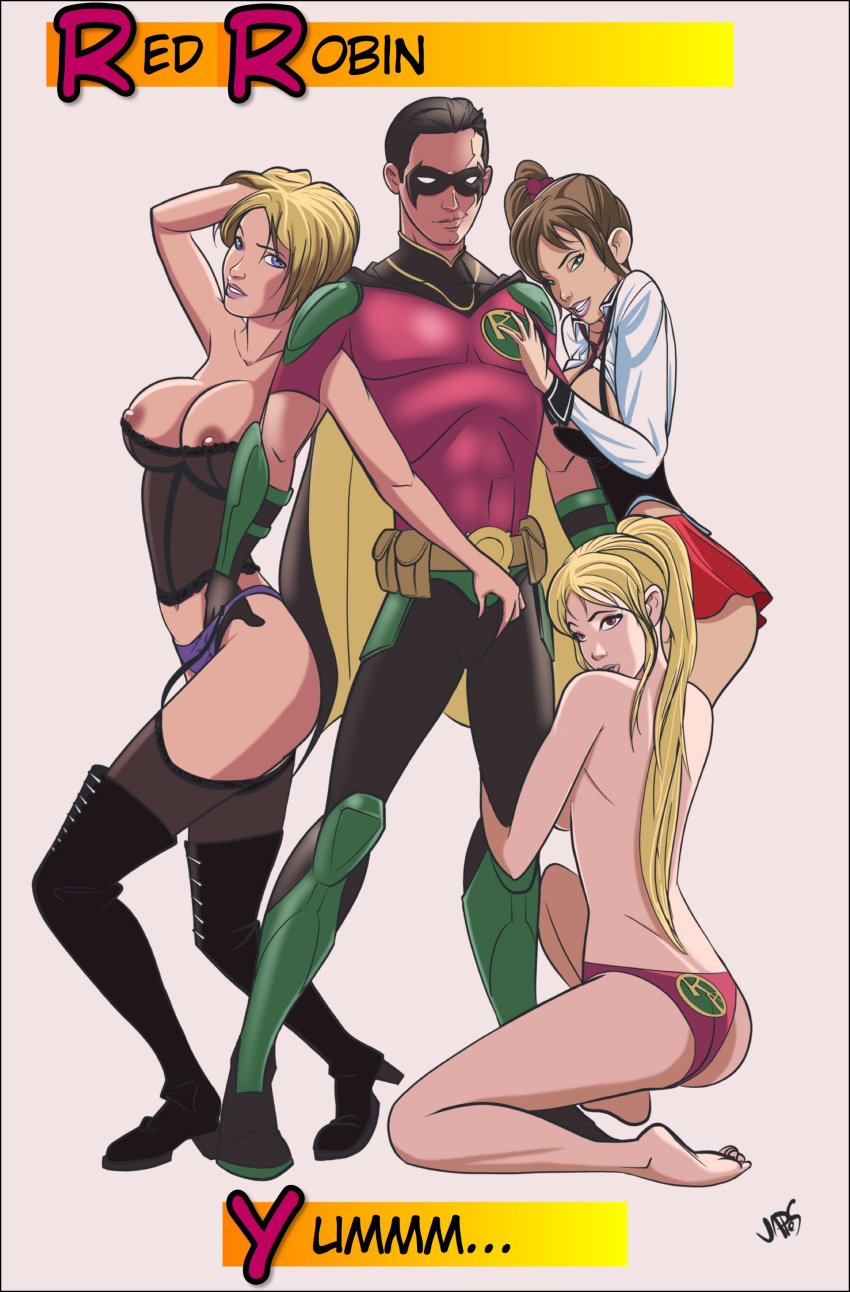 1boy 3girls batman_(series) bible_black black_hair blonde_hair crossover dc dc_comics domino_mask eastern_and_western_character imari_kurumi japes kitami_reika lingerie male red_robin saeki_kaori superhero teen_titans tim_drake weird_crossover