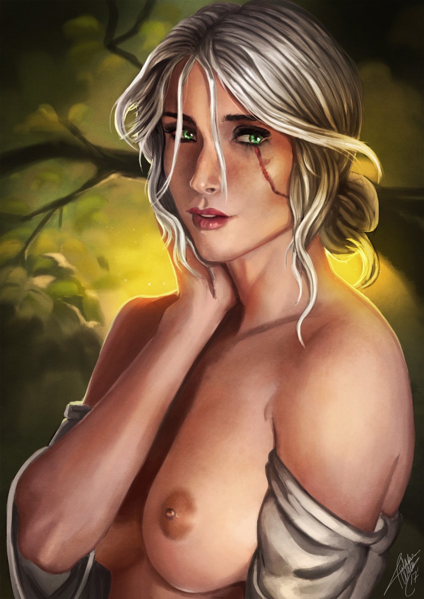 1girls 2017 adrianwolve areolae breasts ciri female female_only green_eyes looking_at_viewer nipples scar solo solo_female tagme the_witcher_(series) topless white_hair
