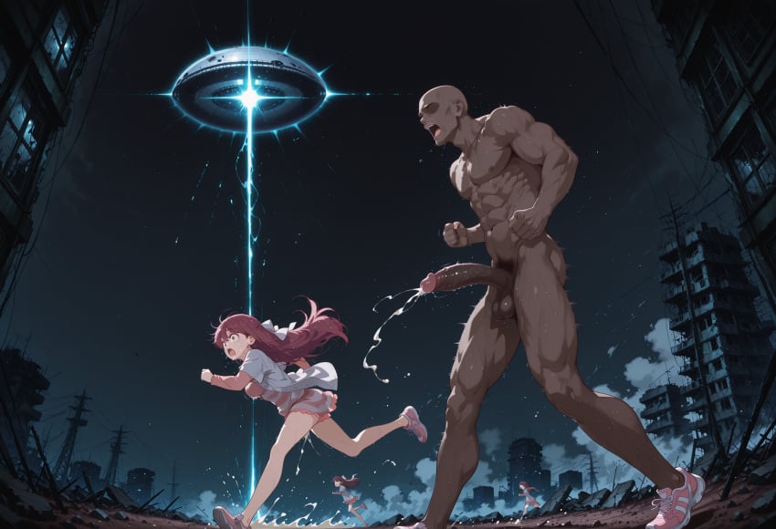 1boy 1girls ai_generated clothed_female_nude_male cum dark-skinned_male dark_skin destroyed_building female interracial large_breasts large_male large_penis male night_sky rin_(shelter) rubble ruined_city running running_away scared self_upload shelter_(porter_robinson) shocked tagme thighs ufo wasteland wide_eyed