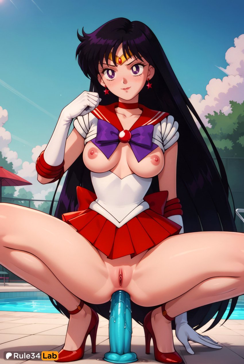 1girls ai_generated anal anal_insertion anal_masturbation anal_object_insertion arm_support artist_name bishoujo_senshi_sailor_moon black_hair blue_sky bow bowtie breasts breasts_out choker circlet closed_mouth clothes_lift cloud collarbone day dildo dildo_in_ass dildo_insertion dildo_riding earrings elbow_gloves gloves hi_res high_heels hino_rei jewelry long_hair looking_at_viewer magical_girl medium_breasts miniskirt nipples no_panties object_insertion outdoors pleated_skirt pool poolside purple_bow purple_bowtie purple_eyes pussy red_footwear red_sailor_collar red_skirt rei_hino rule34lab sailor_collar sailor_mars sailor_senshi_uniform sex_toy shirt skirt sky smile solo spread_legs squatting star_(symbol) star_earrings tiara uncensored very_long_hair white_gloves white_shirt