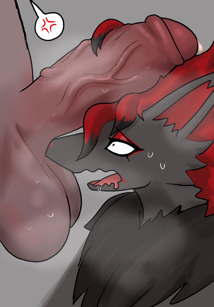 1boy 1girls 2021 absurd_res anger_vein anthro balls black_highlights fat_cock female female_focus fur furry generation_5_pokemon grey_background huge_balls huge_cock human im51nn5 long_hair looking_at_penis male nintendo open_mouth penis penis_on_head pokemon pokemon_(species) pokephilia red_hair spoken_anger_vein steam veiny_penis wavy_mouth worried worried_expression zoroark