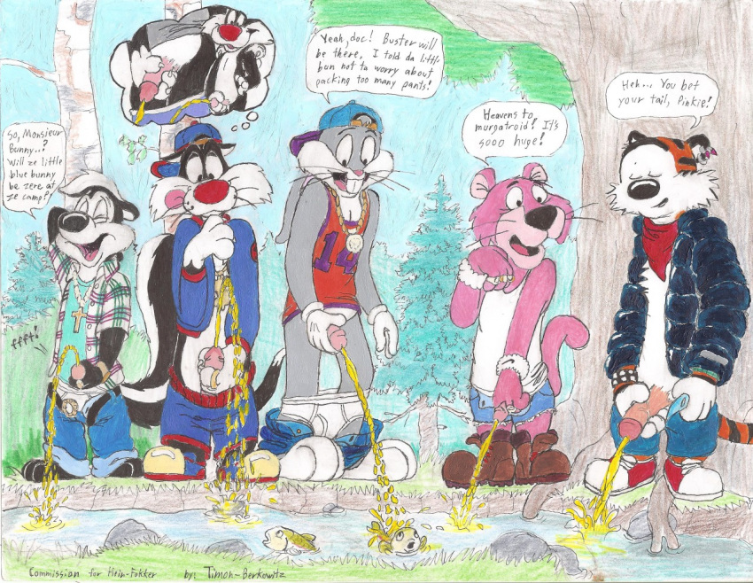 anthro bugs-bunny_(artist) bugs_bunny calvin_and_hobbes circumcised clothing feline group hobbes humanoid_penis lagomorph looney_tunes male mammal outside panther peeing penis pepe_le_pew pink_panther pink_panther_(series) rabbit skunk smooth_fur snagglepuss sylvester tiger timon-berkowitz urination urine warner_brothers what