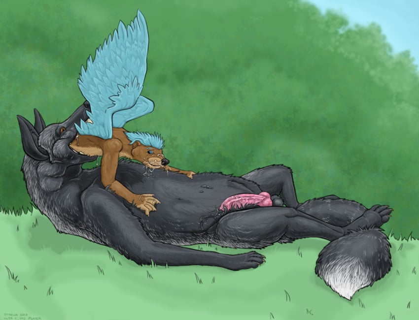 anthro avian canine cum cum_on_face feet_first feral fox grass hybrid llyr_(character) male mammal mustelid oral otter outside penis renaud_(character) silver_fox strega vore wings yaoi zoophilia