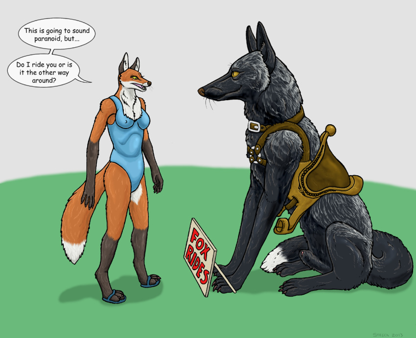 animal_genitalia anthro canine dialogue female feral fox male mammal renaud_(character) saddle sheath silver_fox simple_background strega