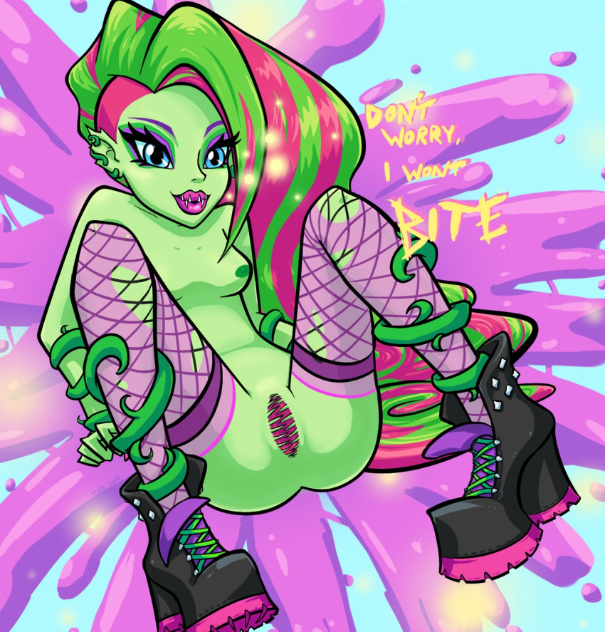 blue_eyes breasts clangbanger english_text fangs female flora_fauna green_nipples green_skin high_heel_boots high_heels lips monster_high nipples pink_lips plant pointy_ears pussy small_breasts solo text venus_mcflytrap vines wedge_heels