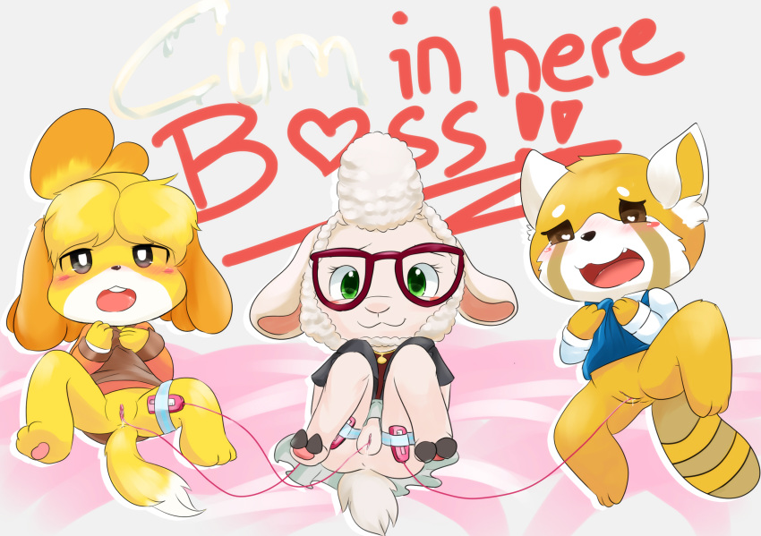 <3_eyes aggressive_retsuko aggretsuko animal_crossing anthro blush bottomless canine caprine clothed clothing clyndemoon crossover dawn_bellwether disney english_text eyewear female glasses group heart isabelle_(animal_crossing) mammal mob_face nintendo office_lady pussy pussy_juice red_panda retsuko sanrio sex_toy sheep straight_hair text vibrator video_games young zootopia