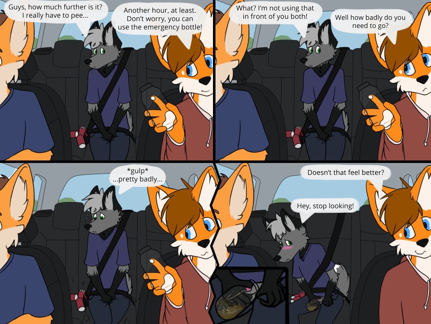 absurd_res blue_eyes blue_shirt blue_sky blush canine car clothing comic day english_text flaccid fox fur grey_fur group hi_res hoodie in_car in_vehicle lexpads male mammal omorashi orange_fur peeing penis shirt sky tagme text text_bubble urine vehicle