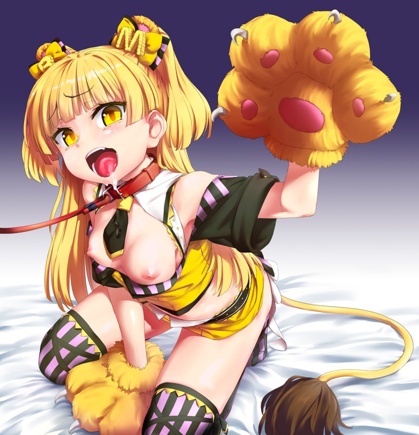 animal_ears blonde_hair breasts collar eyebrows eyebrows_visible_through_hair facial fake_animal_ears female gloves highres idolmaster idolmaster_cinderella_girls jougasaki_rika kneeling leash long_hair nipples open_mouth oyadi paw_gloves solo striped striped_legwear tail thighhighs two_side_up vertical-striped_legwear vertical_stripes yellow_eyes