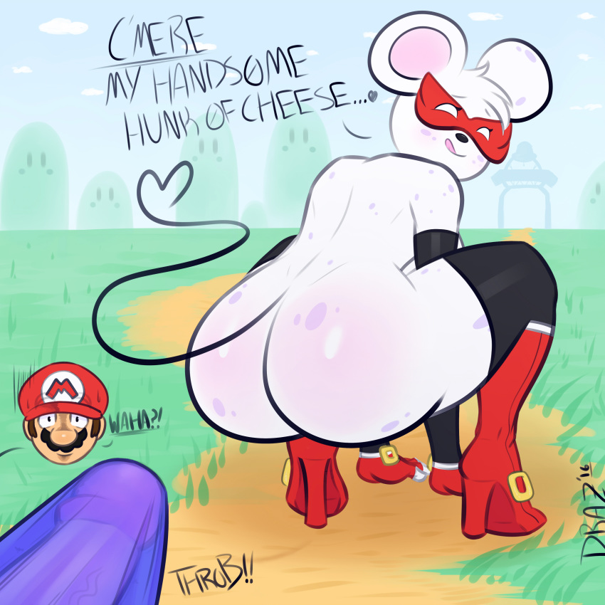 2016 anthro ass blush boots breasts clothing dialogue drazelle_(artist) erection female footwear gloves hat heart human large_ass legwear licking licking_lips mammal mario mario_(series) mask mouse ms._mowz nintendo paper_mario presenting rodent simple_background stockings surprised tongue tongue_out video_games