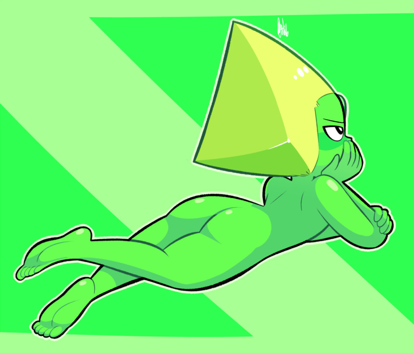 ass autobum back_view barefoot big_ass black_eyes feet female female_only forehead_jewel full_body gem_(species) green_hair green_skin highres lying nude on_stomach peridot_(steven_universe) soles solo steven_universe toes