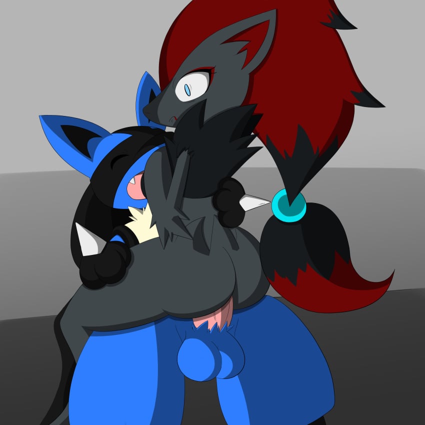 ass black_fur blue_eyes blue_fur fangs female fur hair lucario male nintendo open_mouth pokemon pokemon_(species) red_hair sandunky spikes straight video_games zoroark