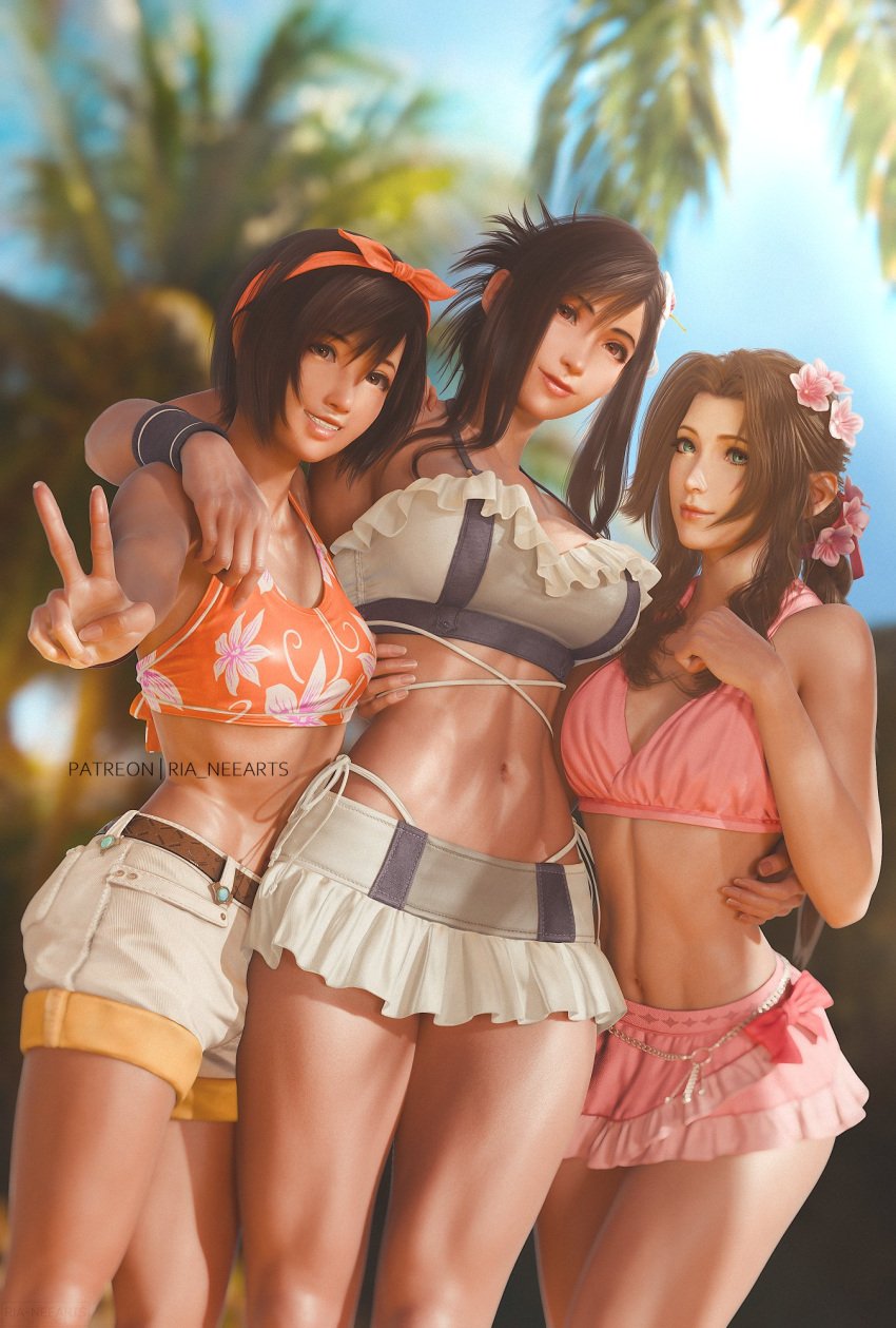 3d 3girls aerith_gainsborough aerith_gainsborough_(pink_mermaid) arm_around_shoulder arm_around_waist bikini bikini_skirt bikini_top_only black_hair blurry blurry_background bow breasts brown_hair final_fantasy final_fantasy_vii final_fantasy_vii_rebirth final_fantasy_vii_remake floral_print_bikini flower frilled_bikini_top hair_flower hair_ornament hairbow highres large_breasts looking_at_viewer medium_breasts microskirt multiple_girls official_alternate_costume official_alternate_hairstyle pink_bikini ria-neearts short_shorts shorts skirt smile swimsuit thighs tifa_lockhart tifa_lockhart_(shining_spirit) toned toned_female v white_bikini white_shorts yuffie_kisaragi yuffie_kisaragi_(summer_orange)