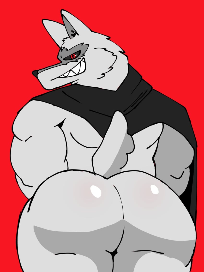 anthro ass_focus big_ass bug_butt canine death_(puss_in_boots) doodle dreamwork fur furry gay_ass grey_fur male muscular presenting puss_in_boots_(dreamworks) red_background red_eyes roostermon simple_background smiling smiling_at_viewer solo tail wolf